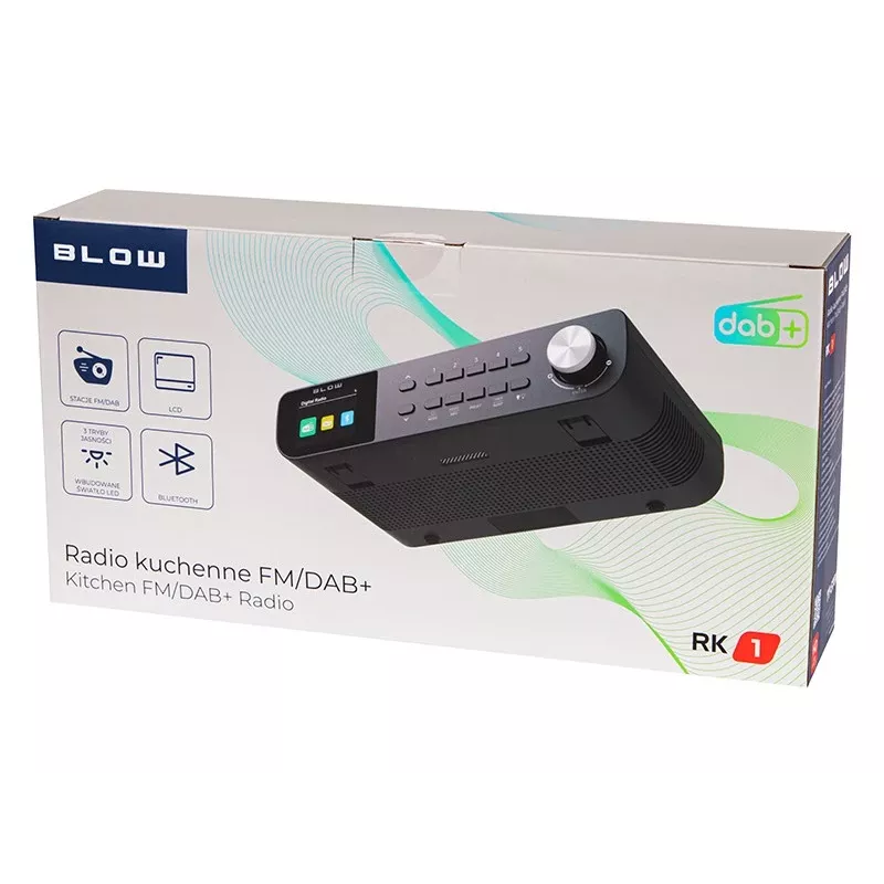 Kuchenne przenośne radio FM/DAB+ BLOW RK1 — kompaktowe czarne, zasilanie bateryjne lub sieciowe