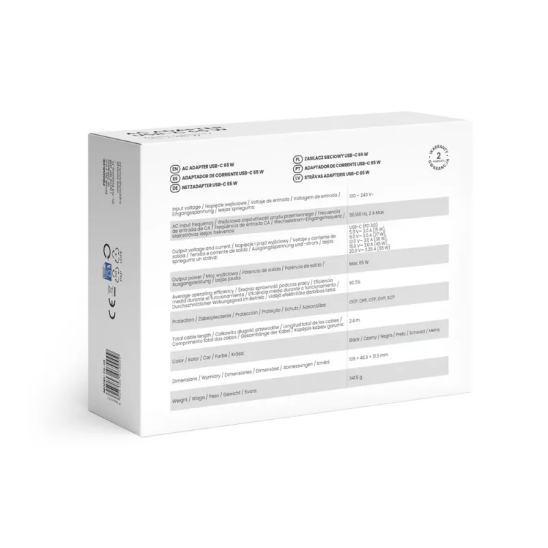 Ładowarka sieciowa SAVIO ZA-01, 65 W USB-C PD 3.0, wejście 100–240 V, jeden port, czarna