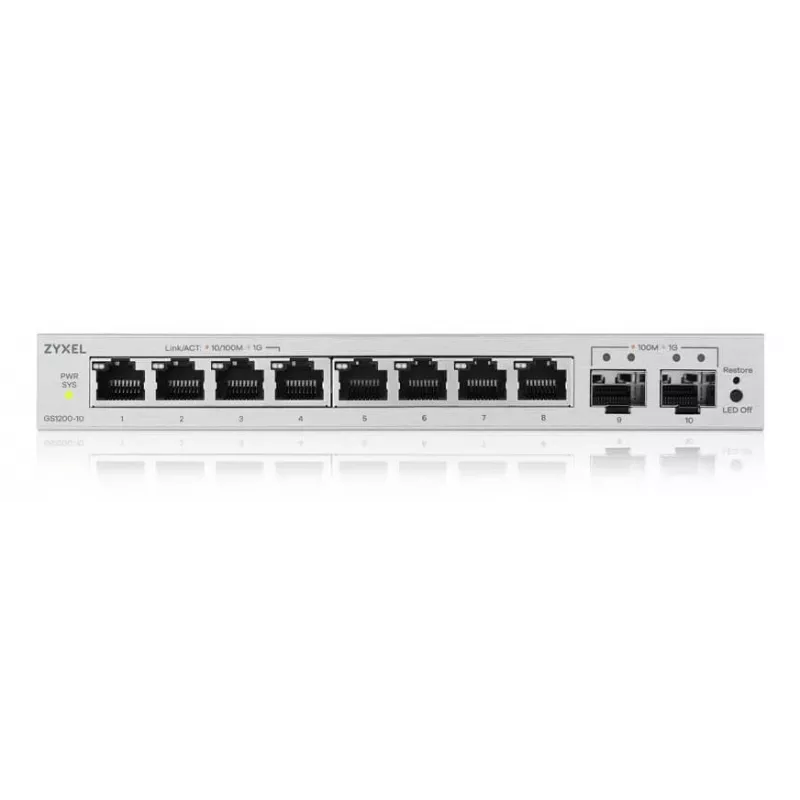Przełącznik zarządzalny L2 Zyxel GS1200-10v3 — 8x Gigabit (10/100/1000), 20 Gb/s, MAC 4000, biurkowy, szary