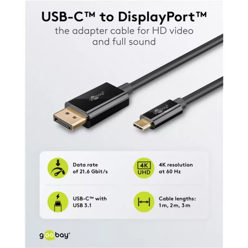 Kabel Goobay USB-C na DisplayPort - pozłacane złącza, rozdzielczości Ultra HD do 4K @ 60 Hz, adapter Thunderbolt 3/4 typu C na DP, kompatybilny z