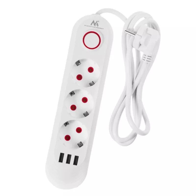 Listwa zasilająca MACLEAN MCE394W — 3 gniazda, 3×USB 2,1 A, 110–240 V AC, 2500 W, kabel 1,5 m, biała