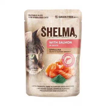 Mokra karma dla kota SHELMA z łososiem w sosie, pełnoporcjowa karma dla dorosłych kotów, 85 g, 10% białka, 81% wilgotności