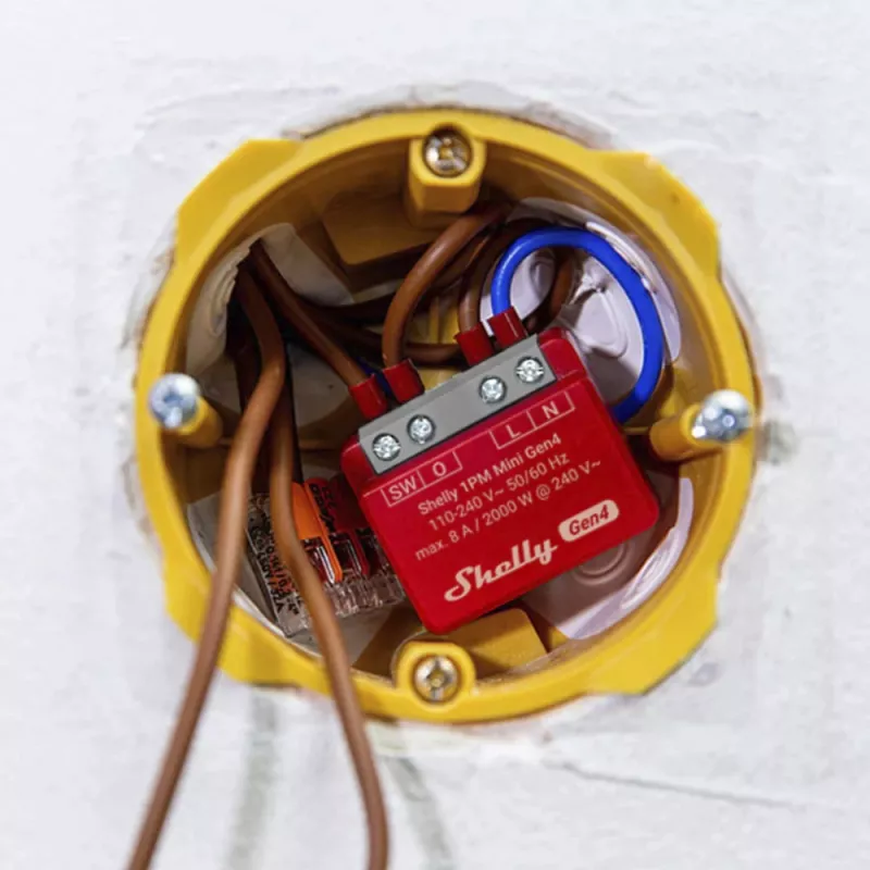 Inteligentny przełącznik Shelly 1PM Mini Gen4, bezprzewodowy 110–240 V AC, maks. 8 A / 2000 W, obudowa z tworzywa sztucznego 34×16×29 mm