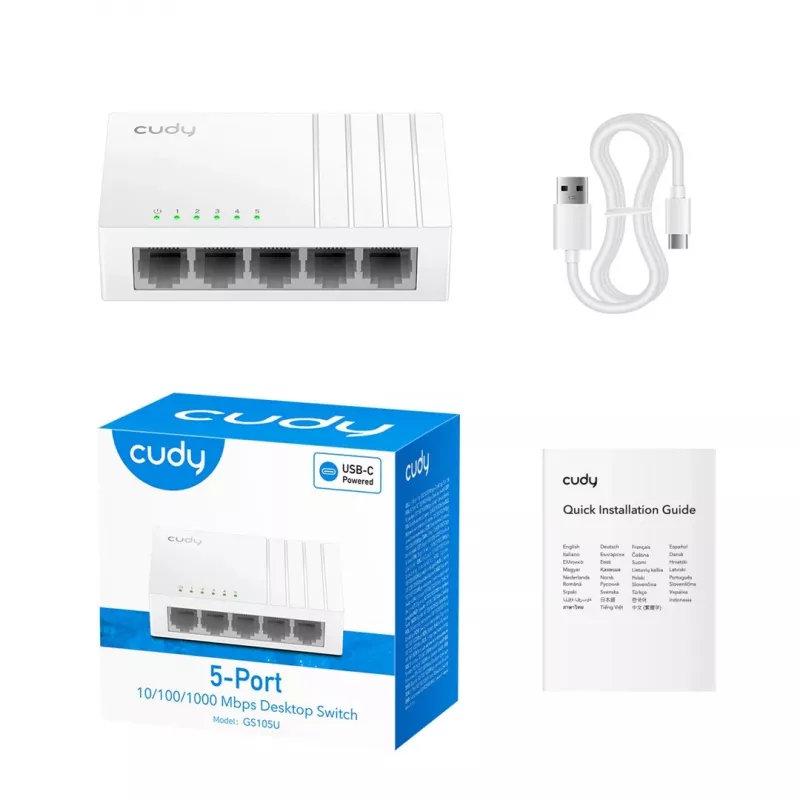 Przełącznik sieciowy Cudy GS105U — Niezarządzalny 5-portowy Gigabit Ethernet (10/100/1000), biały, 5 V