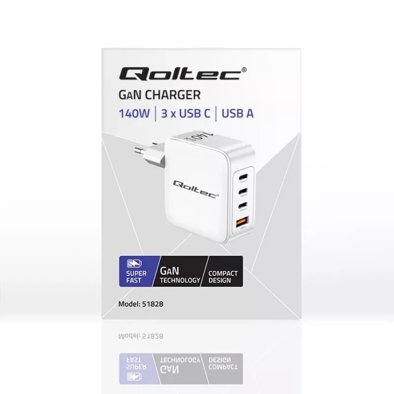 Ładowarka QOLTEC 51828 140W GaN 3×USB‑C PD + 1×USB‑A QC 3.0 – wieloportowa szybka ładowarka