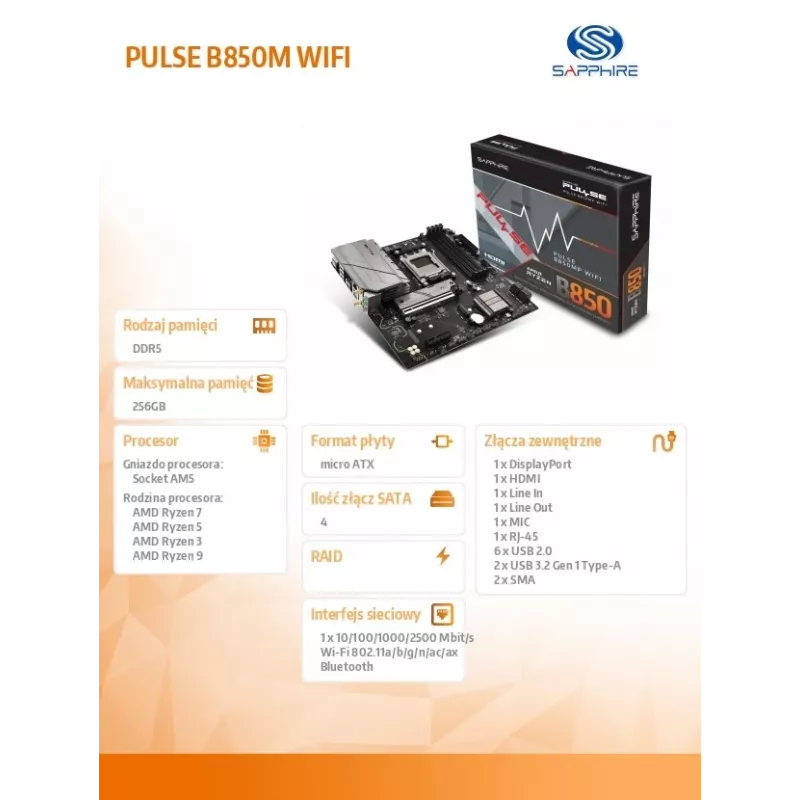 Płyta główna Sapphire PULSE B850M WIFI — AMD B850 micro ATX, Socket AM5, DDR5 do 7600 MHz, 4 DIMM, 192 GB, Wi‑Fi 6, 2.5GbE
