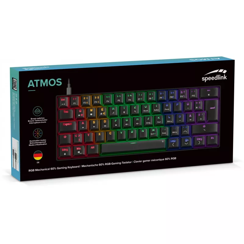 Mechaniczna klawiatura gamingowa Speedlink ATMOS RGB — kompaktowy układ, podświetlenie RGB