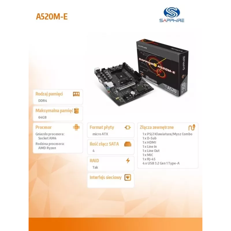 Płyta główna Micro ATX Sapphire A520M-E do Socket AM4, chipset AMD A520, 2x DDR4 DIMM, max 64 GB, PCIe 3.0 x16/x1, SATA III, Gigabit LAN