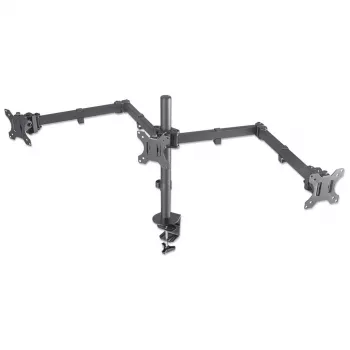 Manhattan Triple Desk Mount do TV i monitorów, Do ekranów: 10 cali do 27 cali, Montaż zaciskowy, Kompatybilność z VESA: 75x75 i 100x100mm - sprawdź wymiary czterech otworów montażowych z tyłu ekranu, aby upewnić się, że pasuje, Maks. 7kg (na każdy), Czarny, Uchwyt, Dożywotnia gwarancja