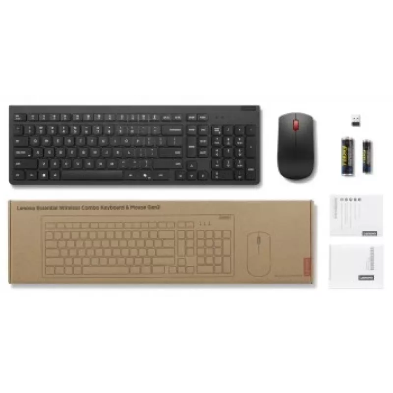 Bezprzewodowy zestaw klawiatury i myszy Lenovo Essential Wireless Combo Gen2 — czarny, kompaktowy układ, połączenie bezprzewodowe