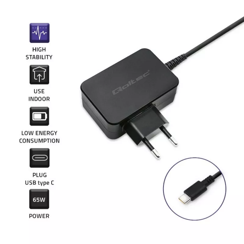 Ładowarka do urządzeń mobilnych QOLTEC 51024 — Uniwersalna ładowarka sieciowa AC, 65W PD, 20V/3,25A, kabel 1,2m, czarna