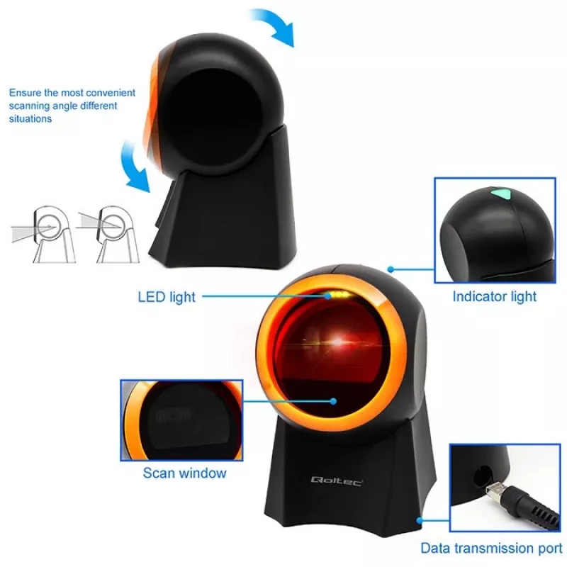 Przewodowy stacjonarny skaner kodów kreskowych QOLTEC 50857 — 1D/2D, USB, obudowa ABS, czarny, kabel 1,75 m