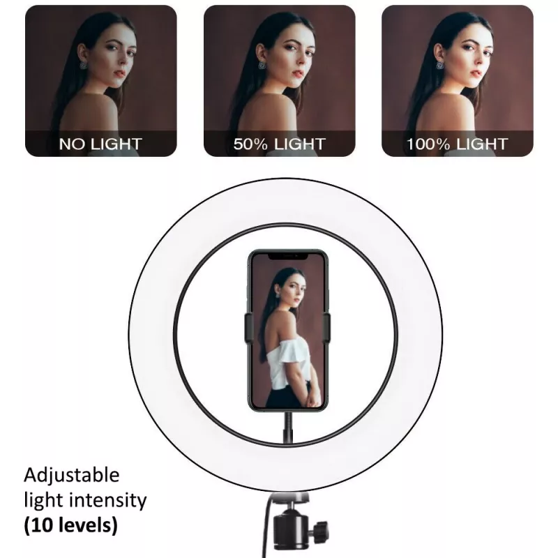 Maclean MCE610 10 12W LED Ring Light z statywem i Bluetooth spustem 3 kolory 10 poziomów jasności 10% -100% Regulowana jasność 160 LED Uchwyt na smartfon oświetlenie