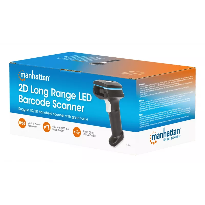 Manhattan 2D Long Range LED Barcode Scanner, USB, 450mm głębokość skanowania, maks. światło otoczenia 100 000 luksów (światło słoneczne), obsługuje symbologie - 1D (21 wersji) i 2D (10 wersji), kabel skanera RJ45 do USB 1,8 m (najpopularniejszy typ, czyli USB-A), czarny, 3 lata gwarancji