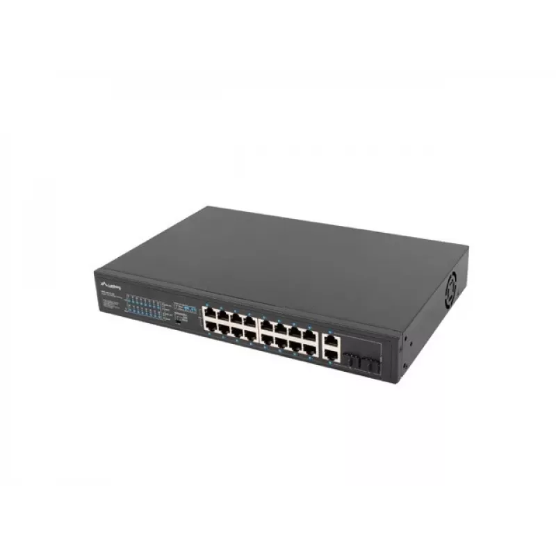Niezarządzalny przełącznik LANBERG RSFE-16P-2C-250 — 18-portowy Gigabit, 16x PoE+ (30W), 2x SFP, 250W, 1U, metal, montaż w szafie