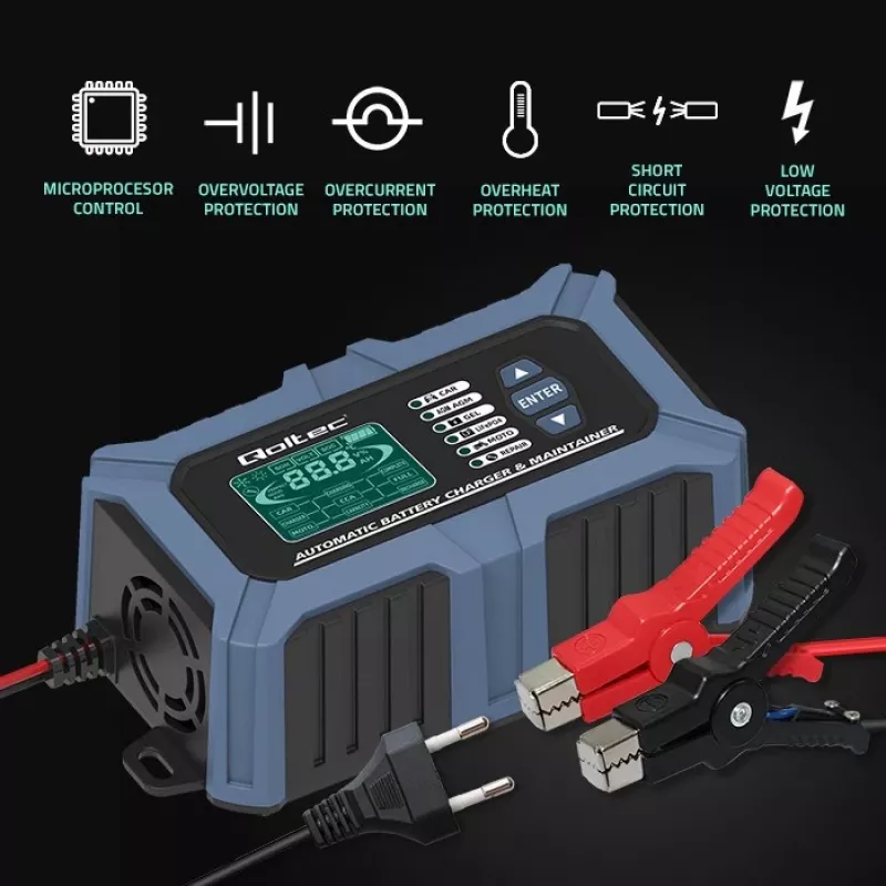 Inteligentna ładowarka akumulatorów Qoltec z mikroprocesorem, testerem akumulatorów i funkcją regeneracji 12V | 6A | LCD | Ładowarka do akumulatorów AGM LiFePO4 GEL