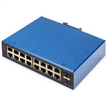 DIGITUS Przemysłowy przełącznik Gigabit Ethernet zarządzalny L2 16x RJ-45 + 2x SFP, 12–48 V DC, 8000 MAC