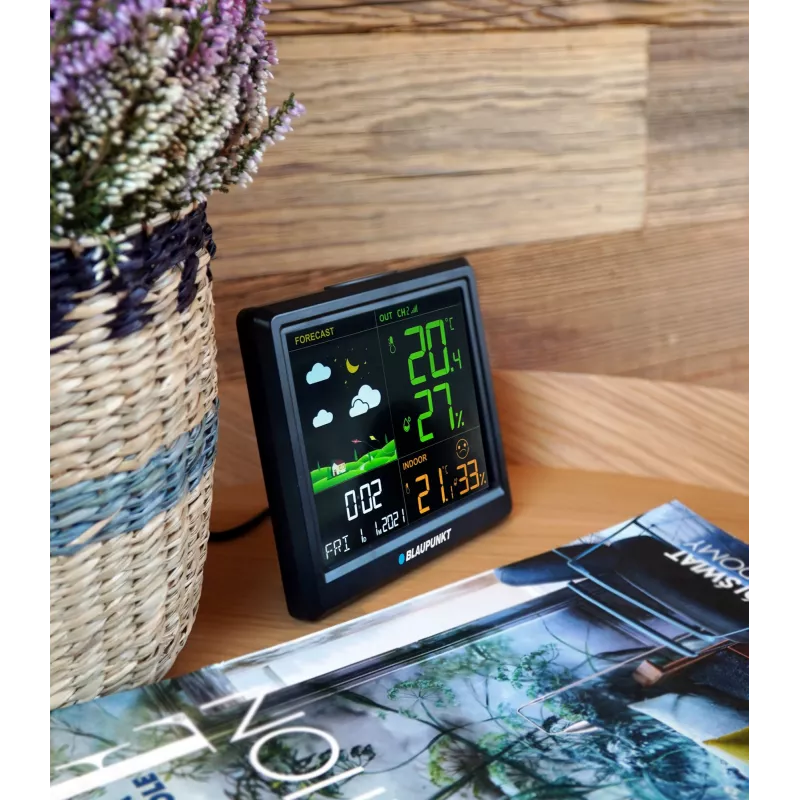Stacja pogodowa BLAUPUNKT WS25BK — monitor temperatury i wilgotności wewnątrz i na zewnątrz, czarny, 1 czujnik, wyświetlacz LCD