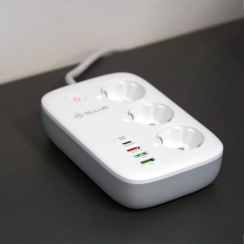 Listwa zasilająca Tellur TLL331521 Smart WiFi z 3 gniazdami, PD 30W, QC 18W