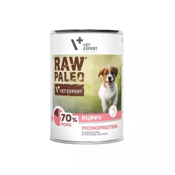 Mokra karma dla psa VETEXPERT RAW PALEO Monoprotein Pork puszka 400 g, dla szczeniąt, bezglutenowa, bez soi