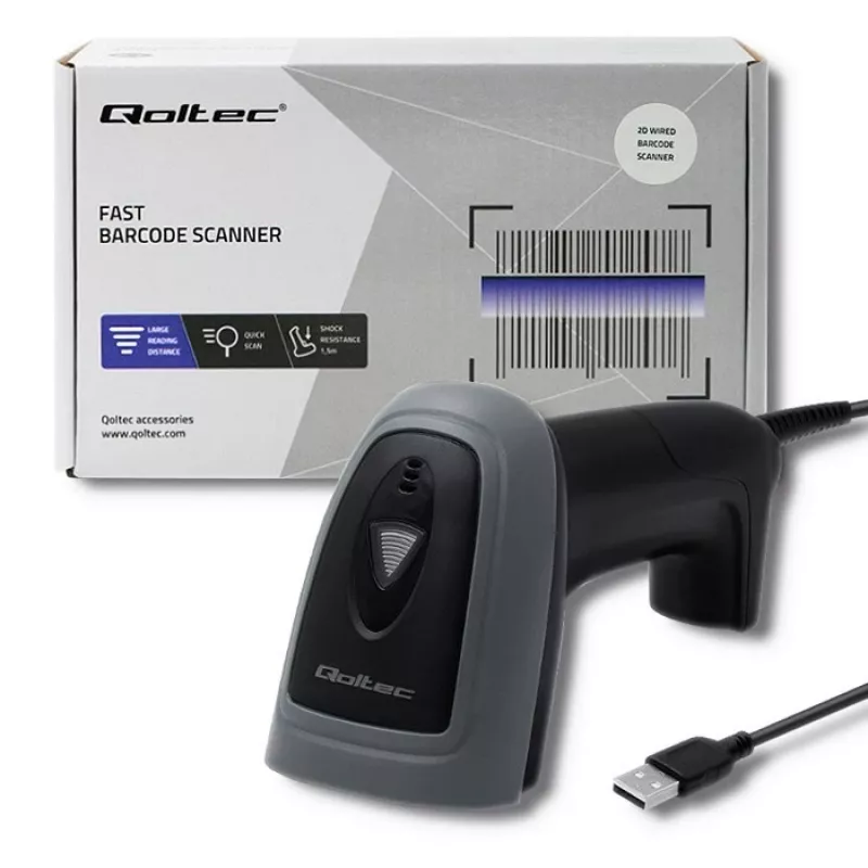 Ręczny czytnik kodów kreskowych QOLTEC 50863 — skaner 1D/2D, przewodowy USB, sensor LED, czarny, 5V, kabel 1,8 m
