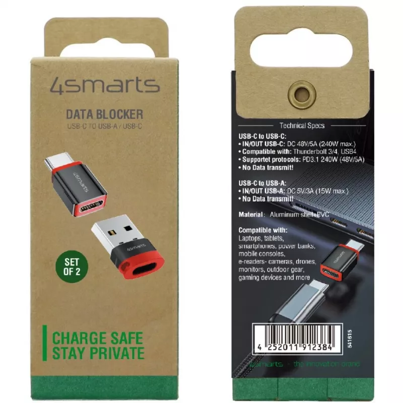 Adapter interfejsu 4smarts 541615 — USB typu-A (host) na USB typu-C (wyjście), czarny, prosty wtyk męski na gniazdo żeńskie, opakowanie 2 szt.