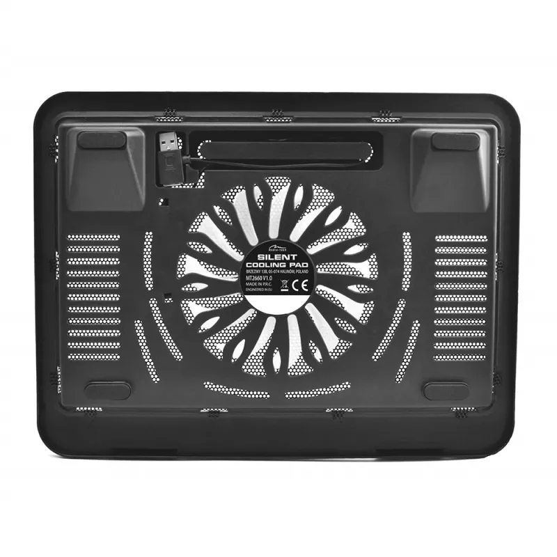 Podkładka chłodząca MEDIA-TECH MT2660 — chłodziarka do laptopa zasilana przez USB, 1 wentylator 13,5 cm, 20 CFM, 1000 RPM, 330×250×40 mm, 327 g, podświetlenie