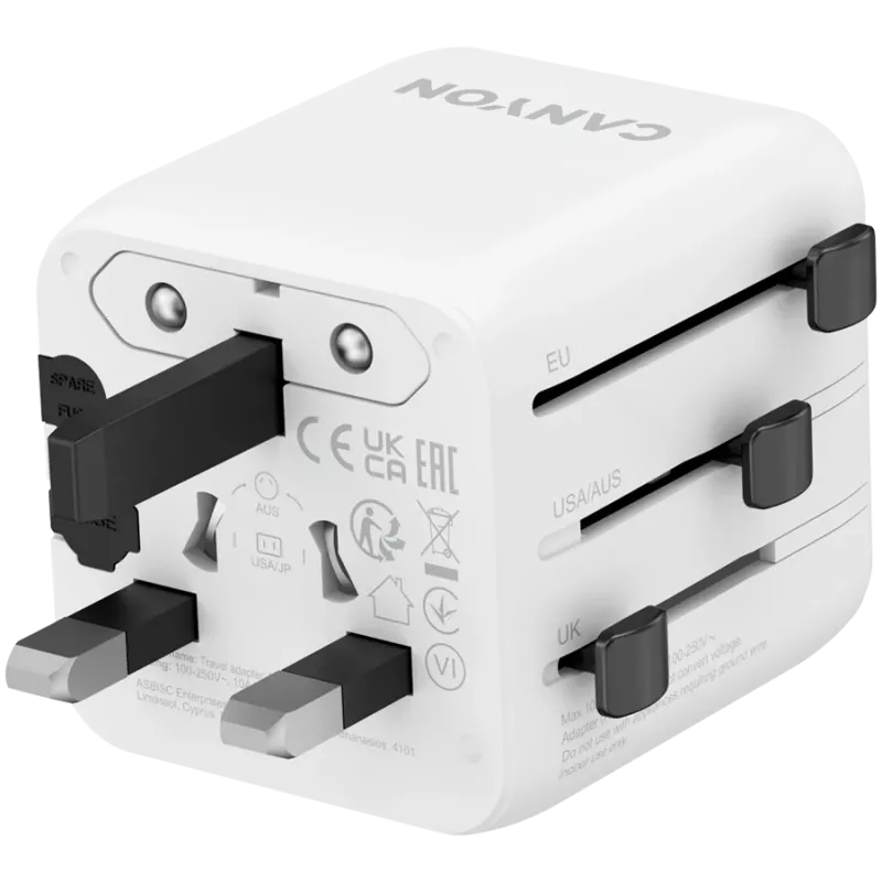 Adapter podróżny CANYON OnTour One EU UK US AUS Biały (CNS-TA1005W) - uniwersalna konwersja wtyczek dla gniazdek EU/UK/US/AUS