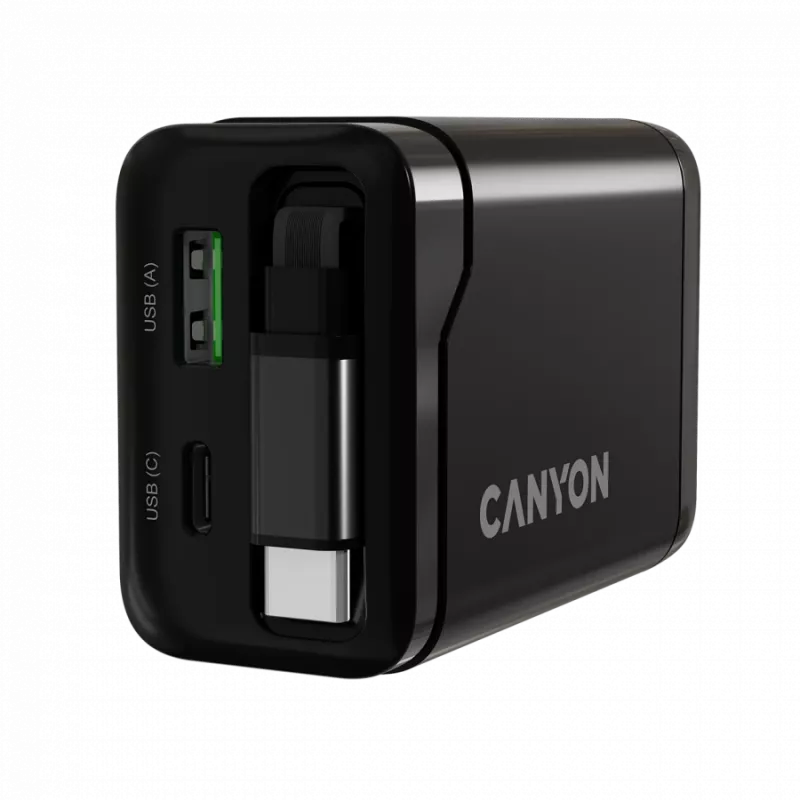 Ładowarka CANYON OnCharge 65RC z wbudowanym kablem USB-C, 65 W, 1x PD, 1x QC, wtyczka EU, czarna