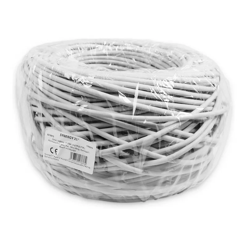 Synergy 21 S215672. Długość kabla: 100 m, Standard kabla: Cat6a, Ekranowanie kabla: S/FTP (S-STP), Kolor kabla: Szary (S215672)