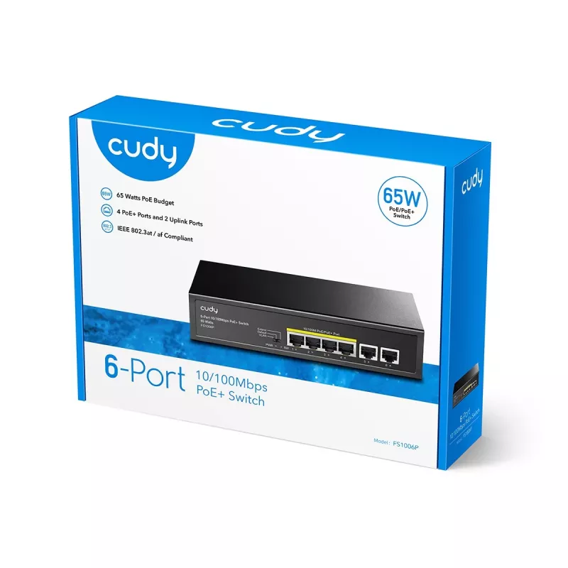 Przełącznik sieciowy Cudy FS1006P Fast Ethernet 6-portowy (4 PoE, 1 PoE+) 10/100 Mbps, przepustowość 1,2 Gbit/s, obudowa metalowa, montaż w szafie rack/na ścianie