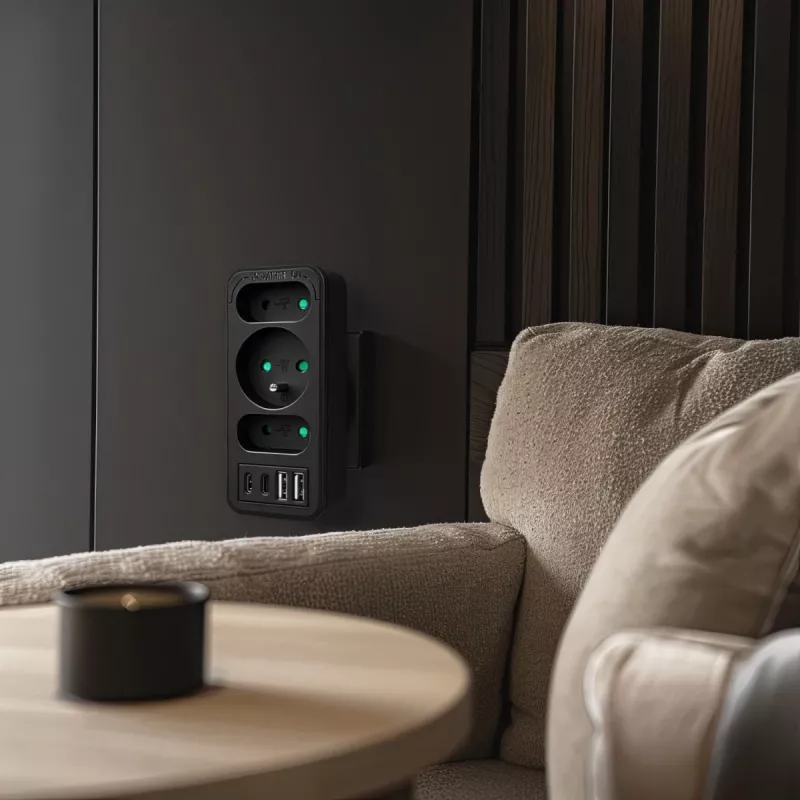 Rozgałęźnik zasilania MACLEAN MCE248 F/B — 3 gniazda AC (1x16A, 2x6A) i 4 porty USB (2xUSB‑A, 2xUSB‑C PD 20W), wtyczka EU, czarny