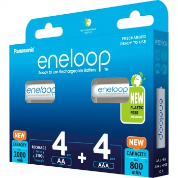 Akumulatory Panasonic Eneloop AA 2000 mAh (4 szt.) i AAA 800 mAh (4 szt.), Ni-MH, 1.2 V, 8 szt.