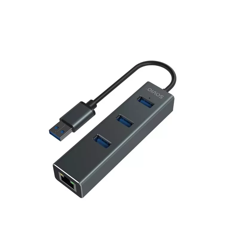 SAVIO USB-A hub z RJ-45 Gigabit Ethernet AK-57 — 3× USB-A + RJ-45, USB 3.2 Gen 1 Micro‑B host, 5 Gbit/s, 4 porty, szary
