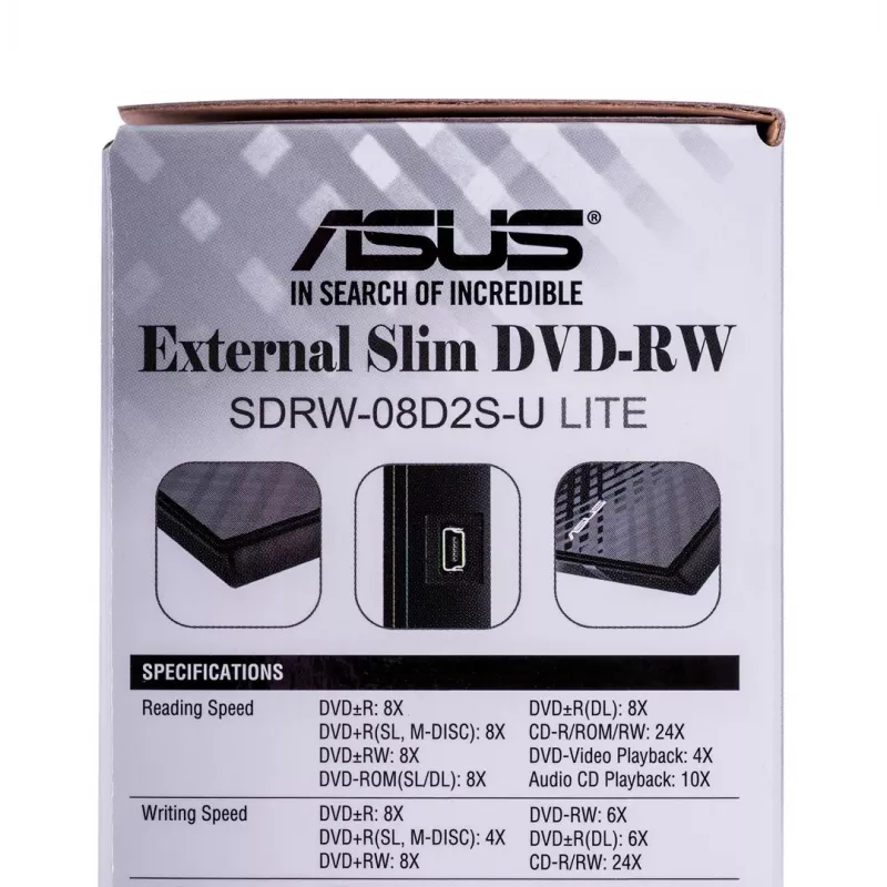 Zewnętrzny napęd optyczny DVD±RW ASUS SDRW-08D2S-U Lite, USB 2.0, czarny, 24x CD / 8x DVD, 142×142×20 mm
