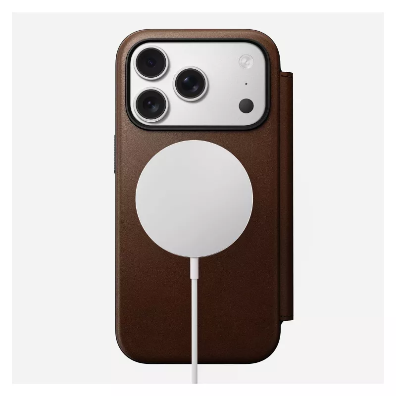 Skórzane etui z klapką Nomad Modern Leather Folio na iPhone 17 Pro — brązowe, pasuje do 6,3 cala (16 cm), 4 kieszenie na karty