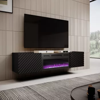 Szafka pod telewizor Cama Meble ONDA z kominkiem elektrycznym 1805×400×580 mm, czarna, blat z płyty wiórowej (wolnostojąca lub do montażu na ścianie)