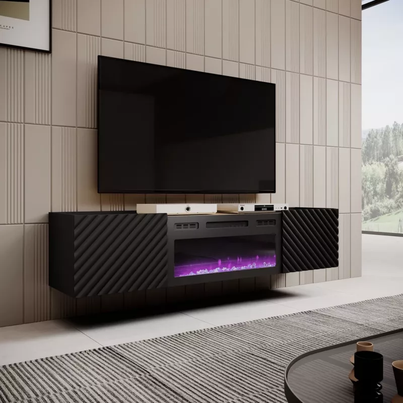 Szafka pod telewizor Cama Meble ONDA z kominkiem elektrycznym 1805×400×580 mm, czarna, blat z płyty wiórowej (wolnostojąca lub do montażu na ścianie)