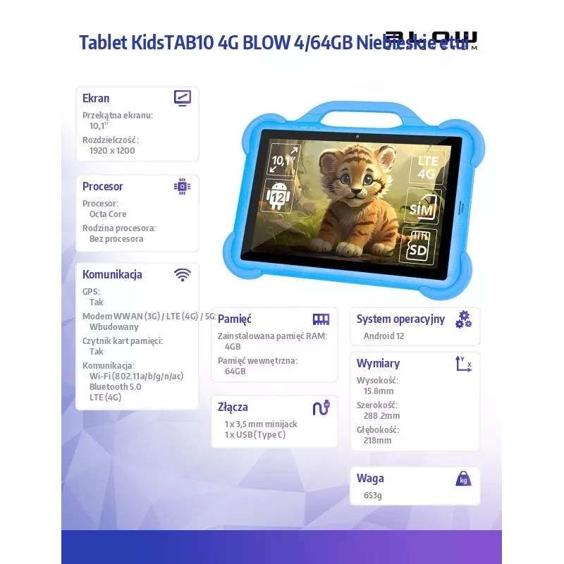 Tablet BLOW KidsTAB10 10,1-calowy pełnowymiarowy tablet, 10,1 cala IPS 1200x1920, Android 12, 4 GB RAM, 64 GB eMCP, 4G (MicroSIM), 6000 mAh, Astral niebieski