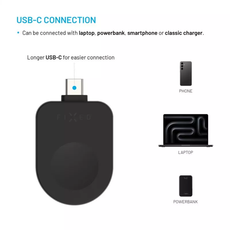 Stały adapter ładujący USB-C FIXED FIXDW-AWAP-BK do Apple Watch Powerstation Uni, kompaktowy zamiennik