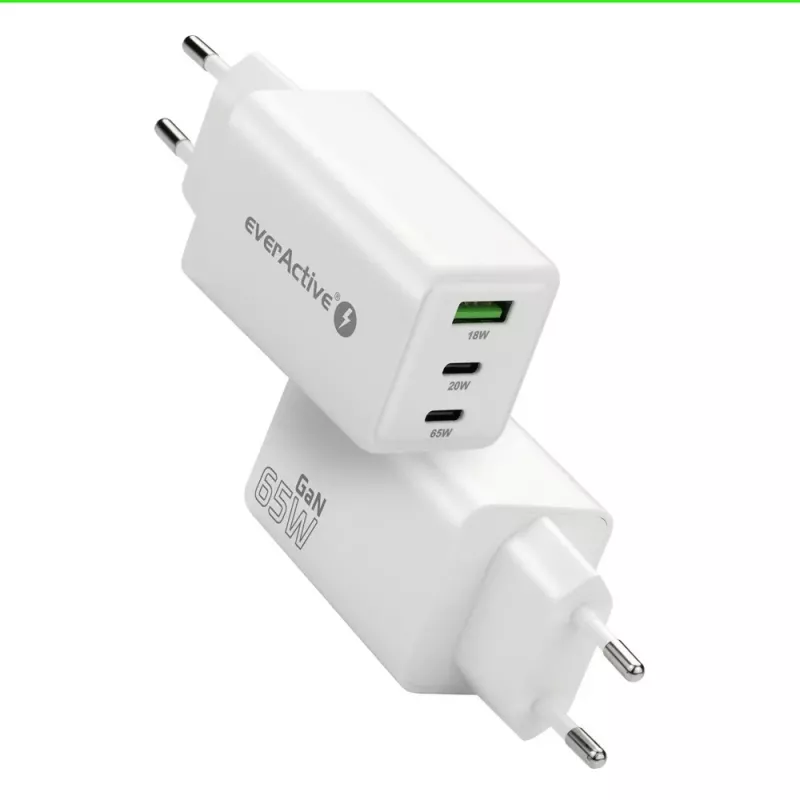 Ładowarka sieciowa everActive SQ-655Q 65W, 1×USB-A + 2×USB-C szybkie ładowanie