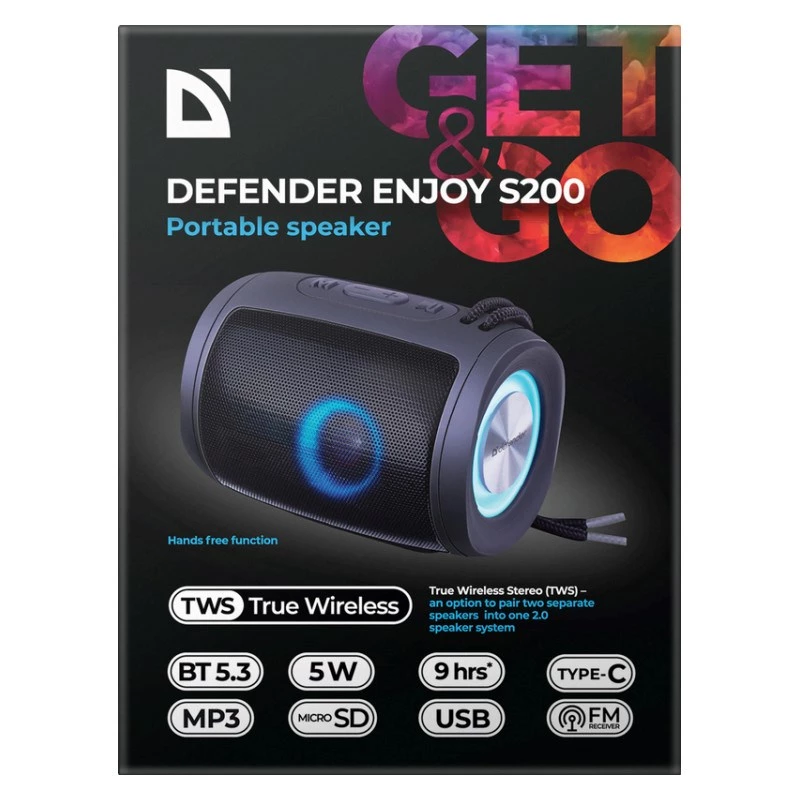 Przenośny głośnik Bluetooth DEFENDER Ejoy S200 TWS 2.0, 5 W, Bluetooth 5.3, LED, 10 h baterii, wbudowany mikrofon