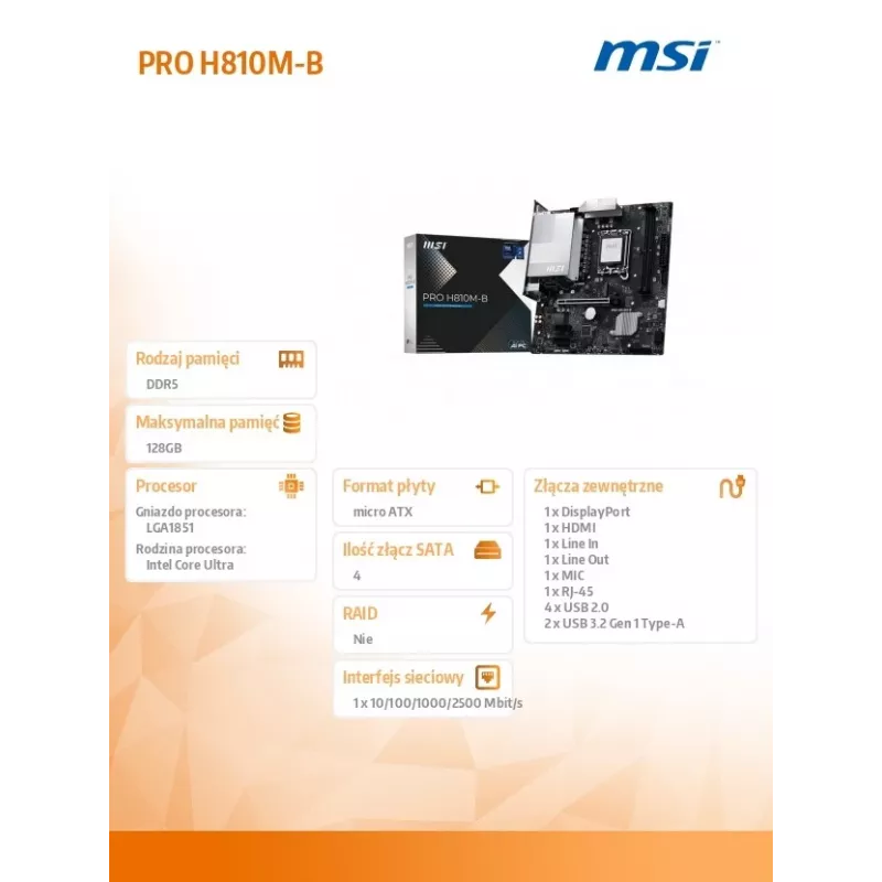 Płyta główna MSI PRO H810M-B Intel H810 LGA 1851 (Socket V1) micro ATX