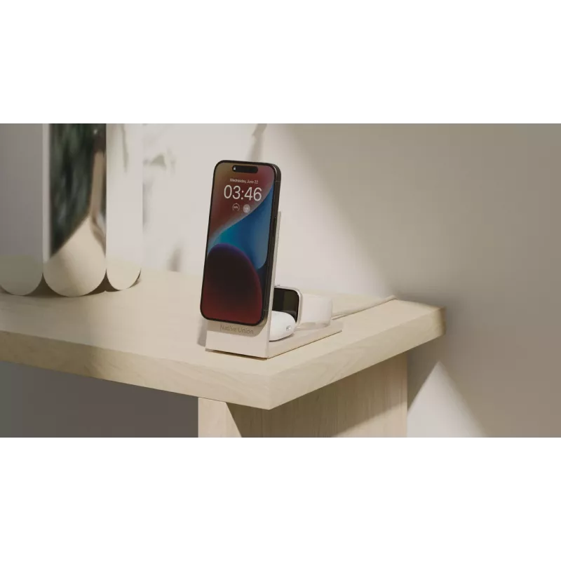 Ładowarka bezprzewodowa Native Union Rise 3‑w‑1 Qi2 — USB, kabel 2 m, jasnoszary (Sandstone)