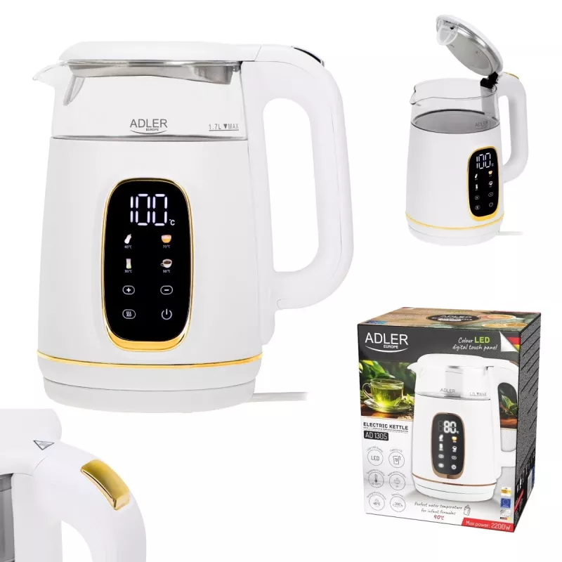 Czajnik elektryczny Adler AD 1305WG — 1,7 l, 2200 W, szkło/tworzywo sztuczne, biały/złoty/przezroczysty