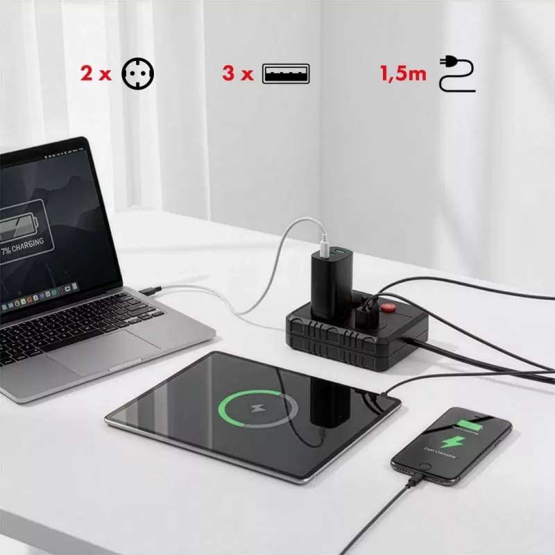 Listwa zasilająca MACLEAN MCE387 B — 2 gniazda, 3×USB A, 110–240V, przewód 1,5 m, maks. 2500 W