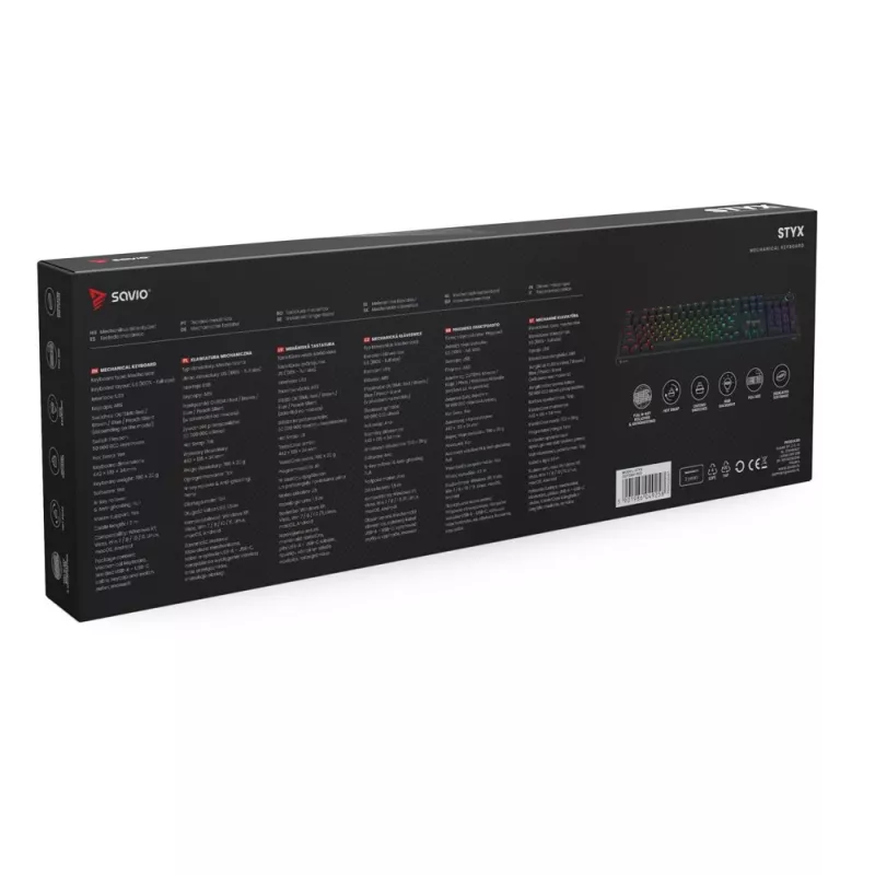 Mechaniczna klawiatura gamingowa SAVIO STYX Outemu Red — pełnowymiarowa 104-klawiszowa, przewodowa USB, RGB, ANSI US International, 1,5 m, czarna
