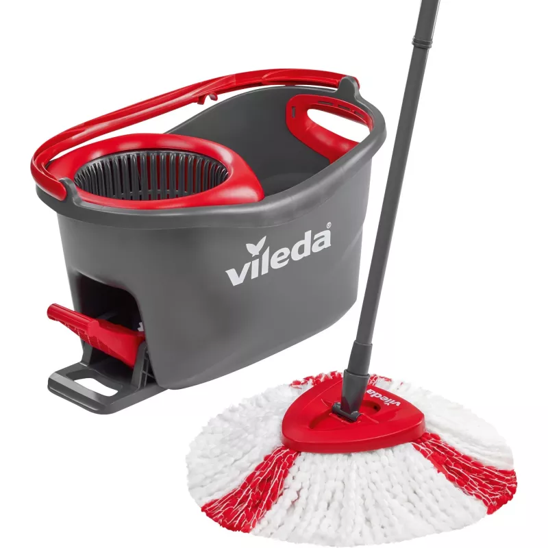 Mop VILEDA EasyWring & Clean Turbo, czerwone wiaderko z technopolimeru, zdejmowana nadająca się do prania głowicą z mikrofibry, do twardych podłóg