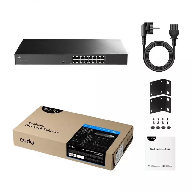 Przełącznik sieciowy Cudy GS1016L — 16-portowy Gigabit Ethernet (10/100/1000), 32 Gbit/s przełączania, do montażu w szafie rack