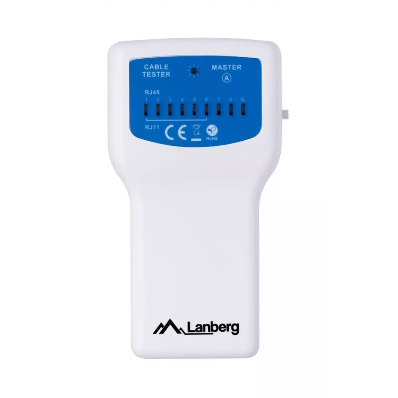 Tester PoE LANBERG NT-0402 — tester kabli sieciowych PoE z obsługą RJ-45/RJ-11, wskaźnikami LED, diodą zasilania, włącznikiem/wyłącznikiem